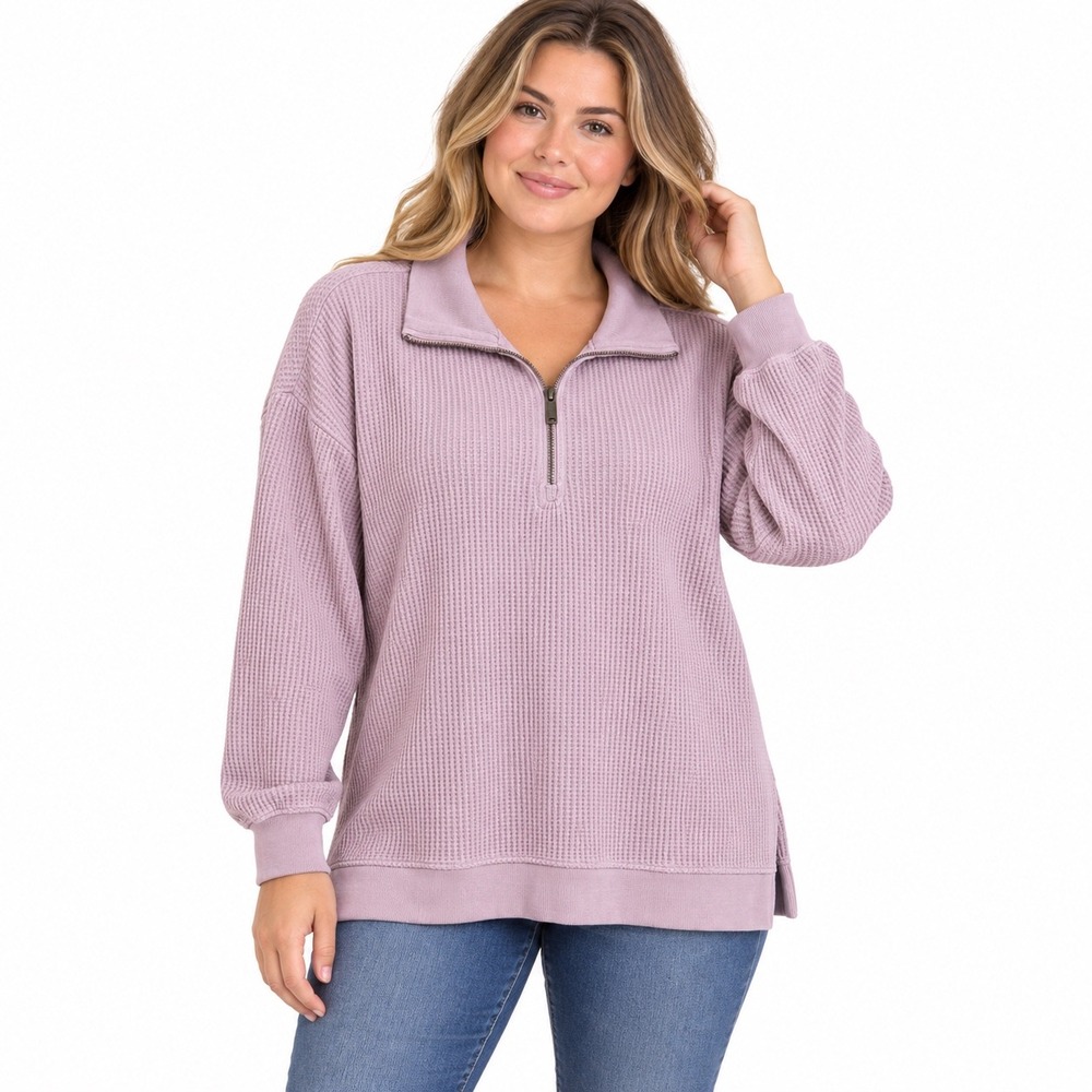 NEW C&C California Women XL Dusty Pink Waffle Knit Quarter Zip Pullover NWT